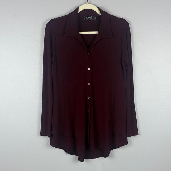 Sympli Deep Burgundy Flowy Fit Button Down Layered Hem Long Sleeve Blouse Size 4 - Picture 2 of 11